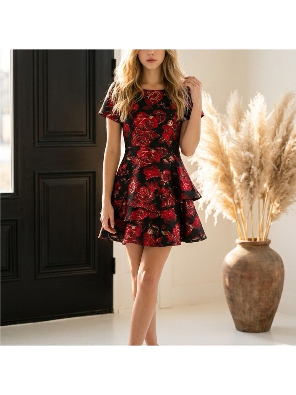 SHAN Black and Red Floral Mini Dress